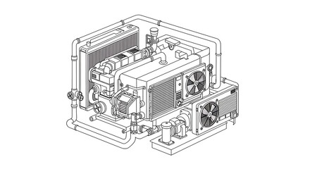 Detailed Isometric Line Art of Industrial Chiller Unit System on White