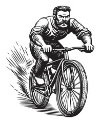 Naklejka premium Vintage Style Engraving of a Man Riding a Bicycle in Motion
