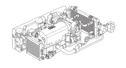 Detailed Line Blueprint of Industrial Cooling System with Pipes and Radiator
