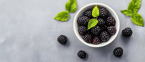 Fresh Blackberries In White Bowl With Mint Leaves On Gray Surface