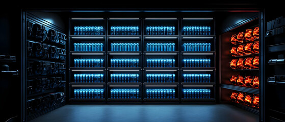 Modern Dark Storage Room With Blue Bottles And Neon Lighting