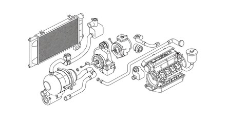 Detailed Line Drawing of an Internal Combustion Engine Assembly Exploded View