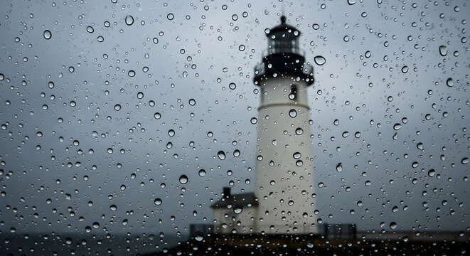 Solitary Lighthouse Beacon Through a Rain-Streaked Window on Gloomy Overcast Day - Powered by Adobe