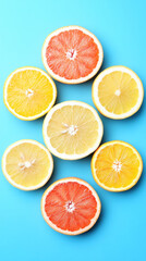 A close up of a blue background with a variety of oranges and lemons. The oranges are yellow and the lemons are red