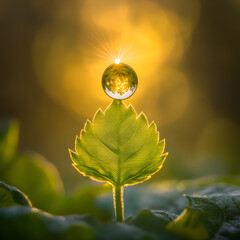 Ethereal Embrace: A Raindrop's Poised Encounter with Nature's Canvas Amidst Morning Light