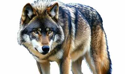 Obraz premium Majestic gray wolf portrait, intense gaze, isolated on white background. Perfect for wildlife, nature, and animal-themed projects.