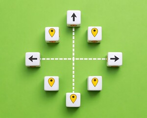 Conceptual representation of directional guidance and navigation with arrows and location markers on a green backdrop illustrating 180 degree of choices.
