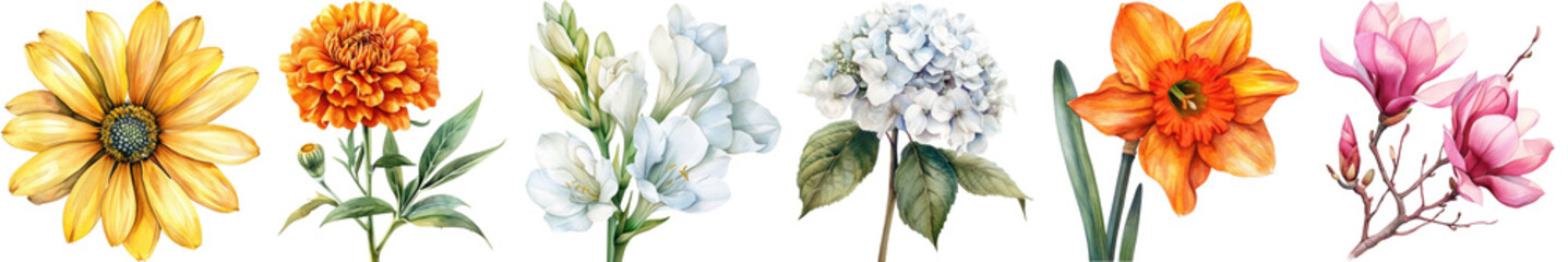Colorful Collection of Hand-Drawn Floral Illustrations Featuring Various Blooms on a Transparent Background