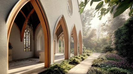 Fototapeta premium Serene Chapel Pathway: Architectural Serenity in a Tranquil Garden