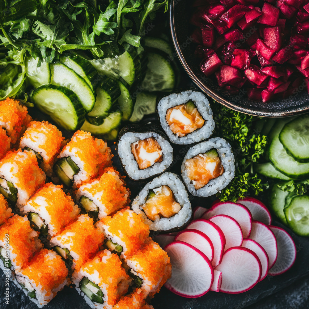Poster a plate of sushi with a variety of vegetables and a bowl of sauce. the sushi is arranged in a way th