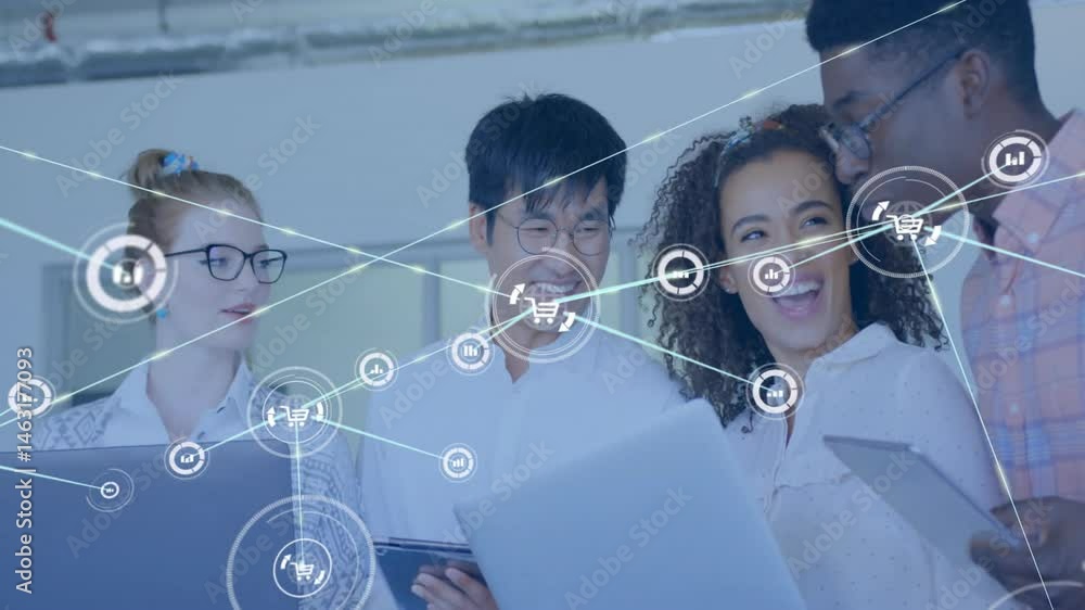 Aufkleber team of professionals working on e-commerce analytics showing network lines and shopping cart icons