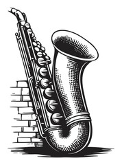 Naklejka premium Detailed Engraving of a Classic Saxophone Against a Brick Wall