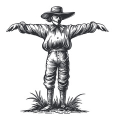 Obraz premium Vintage Engraved Illustration of a Scarecrow in a Field Scene