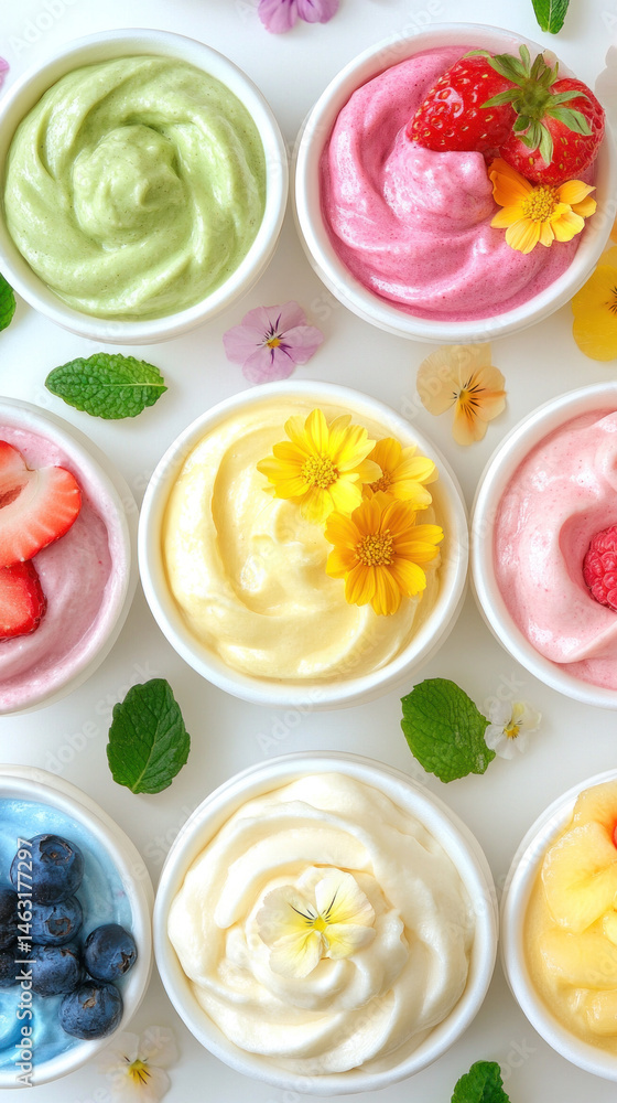 Poster a row of bowls filled with different colored ice cream topped with fruit. the bowls are arranged in 