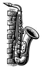 Naklejka premium Detailed Black and White Engraving of a Vintage Saxophone