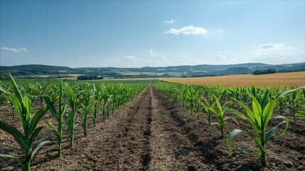 Fototapeta premium Rows of Corn Plants with Blue Sky and a Path Going Through Agricultural Field