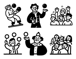 Naklejka premium Fun and Playful Cartoon Doodles of Clowns and Juggling Acts