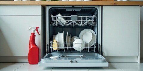 Open Dishwasher with Clean Dishes and Cleaning Spray