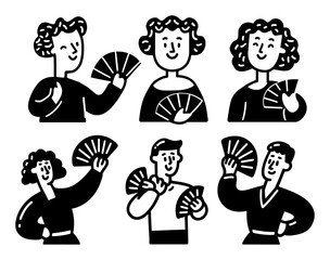 Whimsical Cartoon Characters Holding Hand Fans in Various Positions