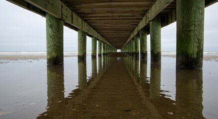 Symmetrical Perspective Underneath A Wooden Pier At The Ocean On A Cloudy Day