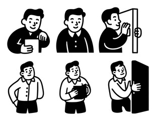 Playful Cartoon Doodles of Man Engaging with Box and Door