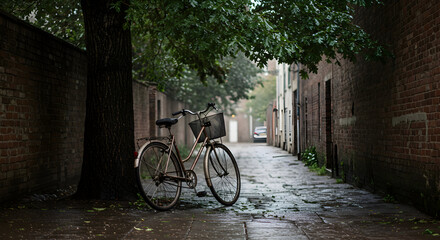 Solitary Bicycle Resting On Wet Cobblestone Lane In Tranquil Town Ambience