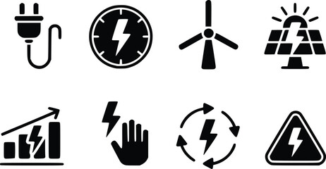 Vector Electricity Symbols: Plug, Meter, Wind Turbine, Solar Panel