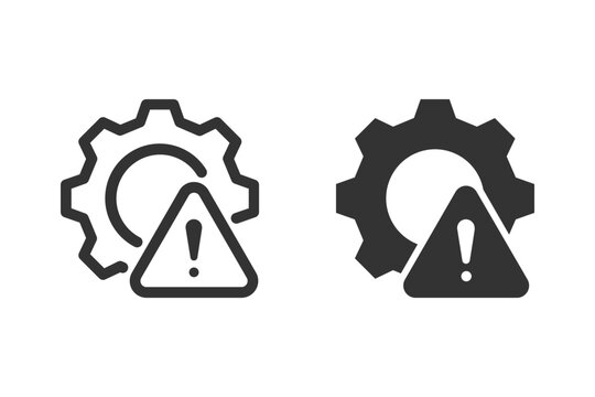 Technical error or problem icon set. Gear and exclamation mark inside a warning triangle. Ideal for websites, apps, or presentations related to technology, software, or system failures