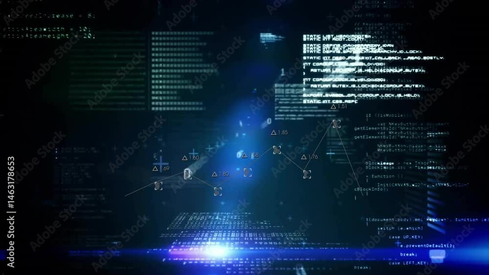 Poster central glowing blue light pulsing while floating code snippets linking data points in flat design