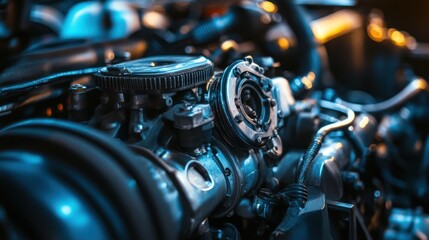 Fototapeta premium Intricate composition showcasing a metallic automotive engine, demonstrating mechanical engineering