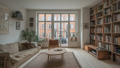 Bright Apartment Living Room with Bookshelves and City View