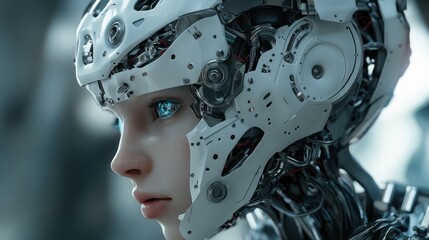 Fototapeta premium Humanoid Robot with Delicate Features Gaze Amidst Intricate Metallic Structures