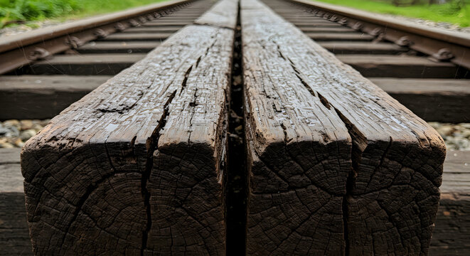 Rustic Wooden Railroad Ties With Perspective And Weathered Grain Texture