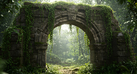 Fototapeta premium Ancient Gateway Ruins Entwined With Tropical Vegetation Sunlit Natural Environment