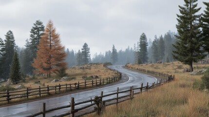 Obraz premium Wet Asphalt Curving Road, Wooden Fence, Autumnal Trees, Cloudy Weather, Forest