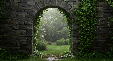 Ancient Stone Archway Framing a Lush Green Garden Scene with Ivy