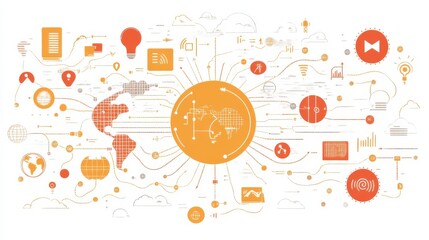 Fototapeta premium Global Network of Technology and Communication Representations with Various Icons and Symbols