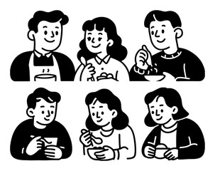 Fun Cartoon Characters Enjoying Meals Together in a Doodle Style