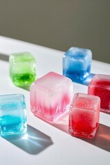 several different colored ice cubes sitting on a white surface