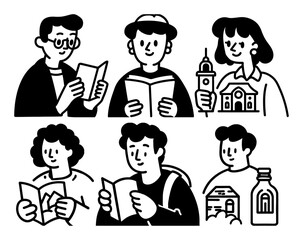 Cartoon Doodles of People Engaged in Reading and Exploring Activities