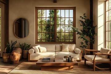 A sun-drenched living room, featuring a light beige sofa, wooden coffee table, and large windows overlooking a lush forest.  Warm earthy tones and natural materials create a serene atmosphere
