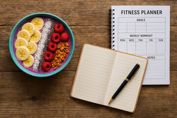 A vibrant smoothie bowl with a notebook, pen, and fitness planner on a rustic table
