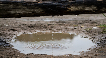 Tranquil Ripples Water Drops Forming Puddle Beneath Fallen Log