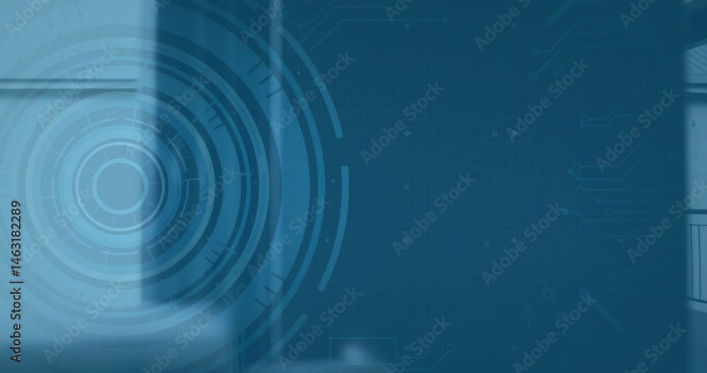 Poster graphic designer using digital interface, featuring circular hud with grid and circuit patterns