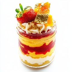 A luxurious fruit mousse in a glass jar, with layers of coconut and mango mousse