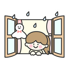 てるてる坊主と窓から雨を眺める女の子