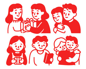 Playful Cartoon Doodle Illustration of People Sharing Gifts and Affection
