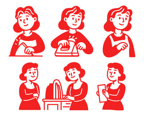 Illustrative Cartoon Doodle of Women in Daily Household Activities