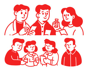 Friendly Group Interaction in Doodle Style with Cartoon Characters