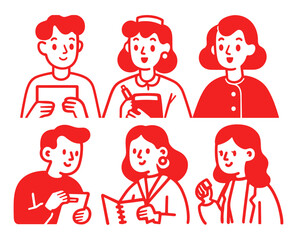 Bright Red Doodle Illustrations of Diverse Cartoon Characters